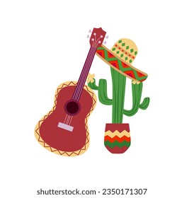Green cactus in pot decorated sombrero hat and guitar. National Mexican, Latin traditional symbols and culture. Color flat vector illustration on white