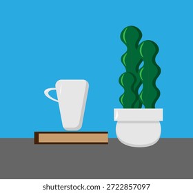 cactus verde en una olla sobre un fondo azul, taza, libro, 