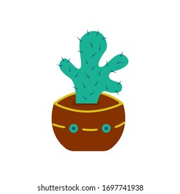 Green cactus in a pot on a white background. A cute plant with prickly needles. Home flower. Bright colorful illustration vector
