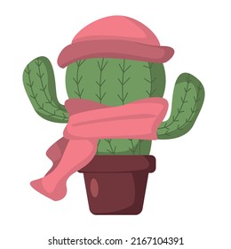 Green cactus in a pot, in a pink hat and scarf in a flat style. Vector image.