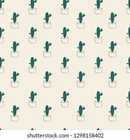 Green cactus in pot seamless pattern in pastel colors. Simple vector illustration