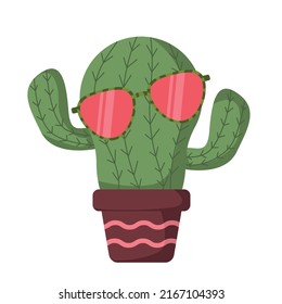 Cactus verdes en una olla y gafas de sol en un estilo plano. Imagen vectorial.