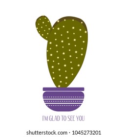 Green Cactus in a Purple Pot. Creative Vector Template with Text in Minimalism Style. Cactus Isolated for Card, Invitation, Paper, Postcard, Tile, Fabric, Textile or Your Project.