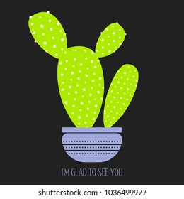 Green Cactus in a Purple Pot on a Dark Background. Creative Vector Template with Text in Minimalism Style. Green Cactus Isolated for Card, Invitation, Paper, Postcard, Fabric, Textile or Your Project.