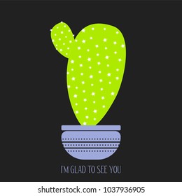 Green Cactus in a Purple Pot on a Dark Background. Creative Vector Template with Text in Minimalism Style. Green Cactus Isolated for Card, Invitation, Paper, Postcard, Fabric, Textile or Your Project.