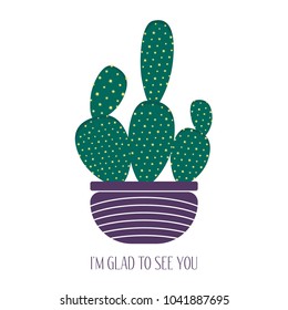 Green Cactus in a Purple Pot on a White Background. Creative Vector Template with Text in Minimalism Style. Cactus Isolated for Card, Invitation, Paper, Postcard, Tile, Fabric, Textile or Your Project