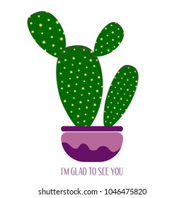 Green Cactus in a Purple Pot on a White Background. Creative Vector Template with Text in Minimalism Style. Cactus Isolated for Card, Invitation, Paper, Postcard, Tile, Fabric, Textile or Your Project