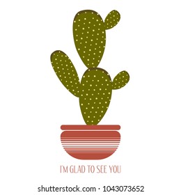 Green Cactus in a Red Pot. Creative Vector Template with Text in Minimalism Style. Cactus Isolated for Card, Invitation, Paper, Postcard, Tile, Fabric, Textile or Your Project.