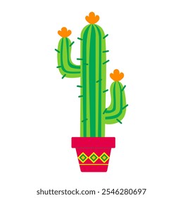 A green cactus in a red pot. The cactus has three flowers on top. The pot is decorated with a pattern