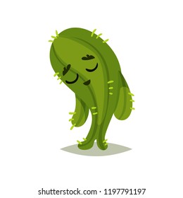 Green cactus with sad face expression. Cartoon humanized succulent plant with small spines. Flat vector design