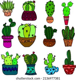 Green cactus set, cactus icon isolated vector