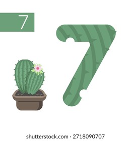 A green cactus shaped like the number seven, placed in a brown pot with a blooming flower, set against a white background.