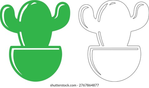 Green cactus silhouette in round pot and outline