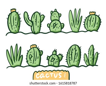 Green cactus in the soil. Vector illustration in cartoon style. Isolated on white background. Design for banner, poster and web.