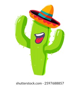 A green cactus with a sombrero on its head. The cactus is smiling and has a tongue sticking out