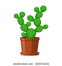 A green cactus with spines in a brown pot. Flowering houseplant. Vector illustration on white background.