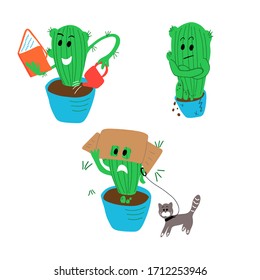 Green cactus stay home with book and watering can. Self-education, quarantine concept. Unhappy disappoint. Prickly conflictual and walking a cat. Coronavirus pandemic. Handdrawn vector set.