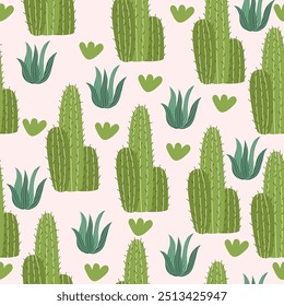 Green Cactus and Succulent Seamless Pattern Background Illustration