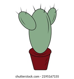 Green Cactus with thorns in a flower pot on a transparent background in a cartoon style. Isolate
