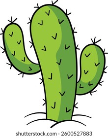 Green cactus with three arms, black spines, and a white background