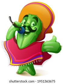 Green cactus in traditional mexican clothes poncho and sombrero singing karaoke. Cinco de mayo fiesta festival. Vector cartoon illustration isolated on white