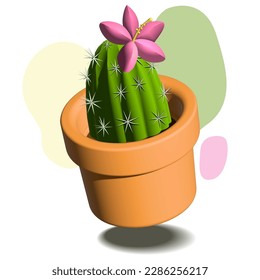 Green Cactus Tree with Pink Flower on cute mild color background vector illustration