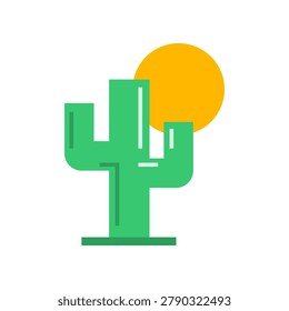 Green cactus tree with yellow circle sun icon flat vector design