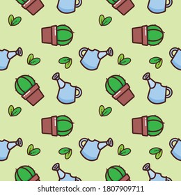 green cactus water pot agriculture repeat seamless pattern doodle cartoon style wallpaper Vector illustration