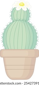 Green Cactus With White Flower in Pot Illustration