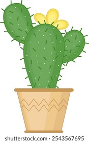 Green Cactus With Yellow Flower. House Plant Illustration