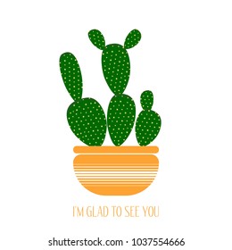 Green Cactus in a Yellow Pot on a White Background. Creative Vector Template with Text in Minimalism Style. Cactus Isolated for Card, Invitation, Paper, Postcard, Tile, Fabric, Textile or Your Project