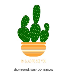 Green Cactus in a Yellow Pot on a White Background. Creative Vector Template with Text in Minimalism Style. Cactus Isolated for Card, Invitation, Paper, Postcard, Tile, Fabric, Textile or Your Project