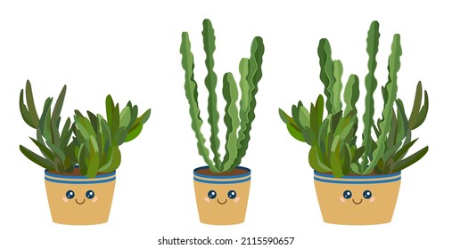 Green Cactuses Collection, Kawaii Smile Emoji Face On Brown Flowerpots. Dry-resistant Plants, Kawaii Cacti Vector Illustration. Anime Face Eyes, Smile Emoticon On Pot, Green Decorativ Cactus Plants.