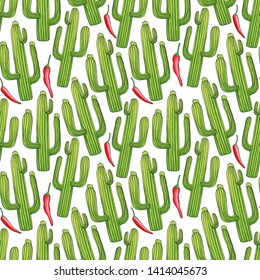 Green cactuses hand drawn seamless pattern. Cacti and hot chili peppers doodle texture. Mexican plants cartoon drawing. Spicy chilli and desert succulent background. Wrapping paper flat vector fill