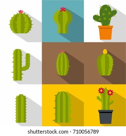 Green cactuses icon set. Flat style set of 9 green cactuses vector icons for web design