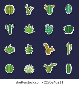 Green cactuses icons set stikers collection vector with shadow on purple background