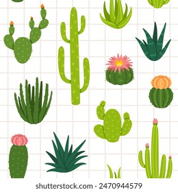 Green cactuses pattern. Cactuses and succulents, desert plants seamless texture. Different cacti repeat on background. Fabric with natural green summer plant. Vector illustration