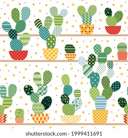 Green cactuses in red and yellow pots. Seamless vector pattern with exotic plants on shelves.