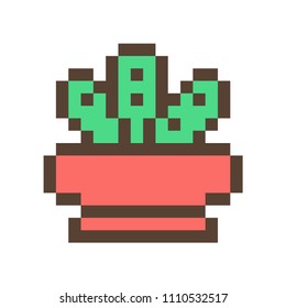 Green cactus/succulent in clay flower pot, 16x16 pixel art icon isolated on white background. Retro 80s-90s old school 8 bit slot machine/video game graphics. Houseplant logo. Office plant.