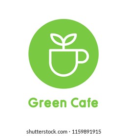Green cafe. Cup with leaf, eco cafe concept. Simple design, stroke outline style. Line vector. 