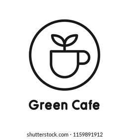 Green cafe logo. Cup with leaf, eco cafe concept. Simple design, stroke outline style. Line vector. 
