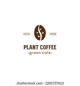 green cafe logo design vintage, coffee bean combine with plant logo concept