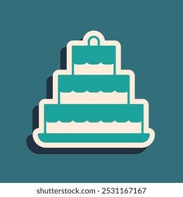 Green Cake with burning candles icon isolated on green background. Happy Birthday. Long shadow style. Vector