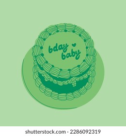 Pastel verde con crema deliciosa. Texto del bebé de cumpleaños. Estilo retro. Buena comida. Dibujo a mano a la moda ilustración Vector. Elemento de diseño aislado. Fiesta, celebración, concepto de cumpleaños feliz