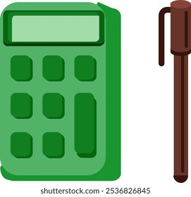 Green Calculator and Brown Pen Office Supplies