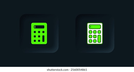 Green Calculator icon isolated on black background. Accounting symbol. Business calculations mathematics education and finance. Black square button. Vector