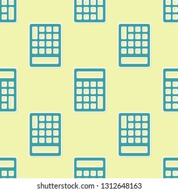 Green Calculator icon isolated seamless pattern on yellow background. Accounting symbol. Business calculations mathematics education and finance. Vector Illustration