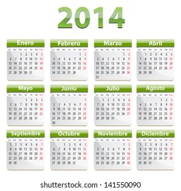 Green calendar for 2014 year in Spanish. Vector illustration