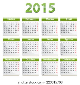 Green calendar for 2015 year in Spanish language. Vector