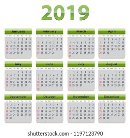 Green calendar for 2019 year in English language with green glossy elements. Vector illustration